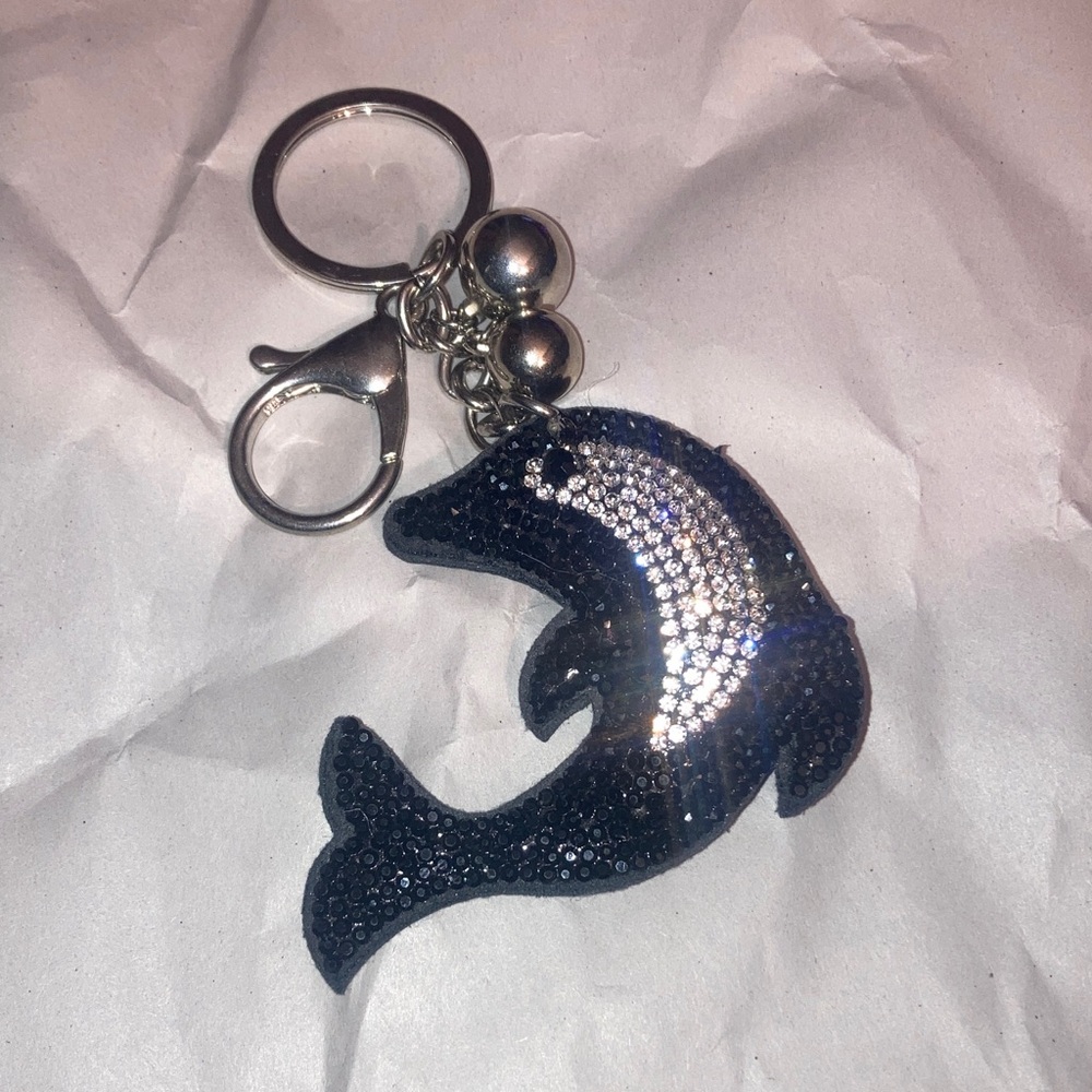 Rhinestone Dolphin Keychain Charm - Black and Silver
